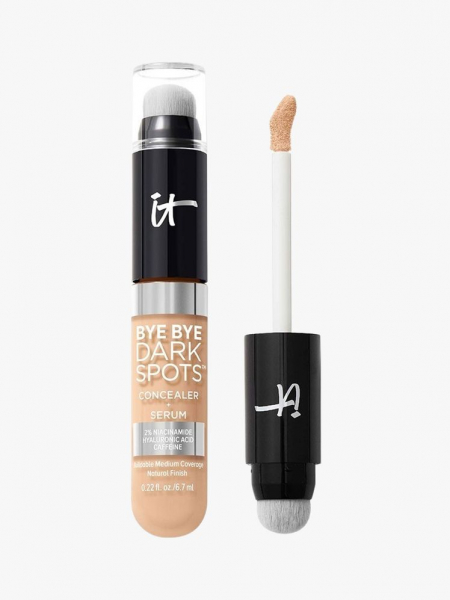 IT Cosmetics Bye Bye Dark Spots Concealer + Serum beige bottle with black top and black and white applicator on light grey background
