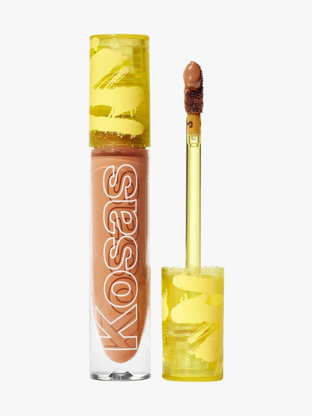 Kosas Revealer Concealer vial of concealer with neon yellow cap and wand to the side on light gray background