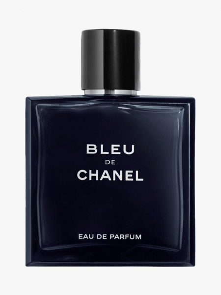 Bleu de Chanel Eau de Parfum navy square bottle of perfume on light gray background